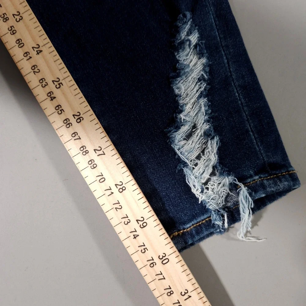 American Eagle Hi-Rise Jegging Womens 10 Long‎ Dark Blue Distressed Shredder New